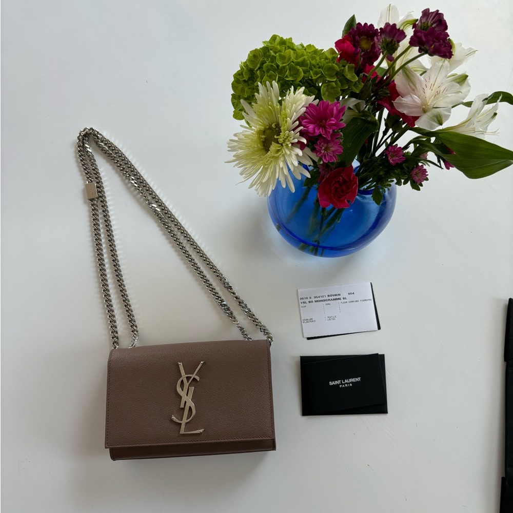 YSL Small Kate Leather Chain Flap Bag Grained Crossbody Taupe Brown Fleur